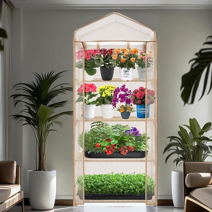 4-Tier Mini Greenhouse – Indoor or Outdoor Gardening Hot House with PE Zippered Cover and Metal Shelves for Growing Vegetables, Flowers and Seedlings 63'' H x 27'' L x 19'' W (PLGH704OWW)