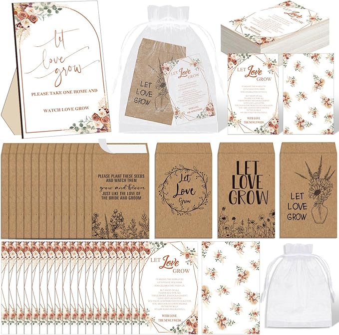 Ireer 101 Set Let Love Grow Boho Wedding Favors for Guests Include 1 Wooden Sign 100 Self Adhesive Seed Packets Kraft Paper Seed Envelopes 100 Let Love Grow Cards 100 Bags for Guest Bridal Shower