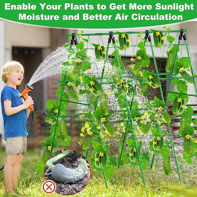 Garden Trellis for Climbing Plants, 4x4 ft Metal A-Frame with Support Netting, Outdoor Vegetable Trellis for Tomatoes Cucumbers Peas Beans Grape Vines, Fits Raised Beds, Green