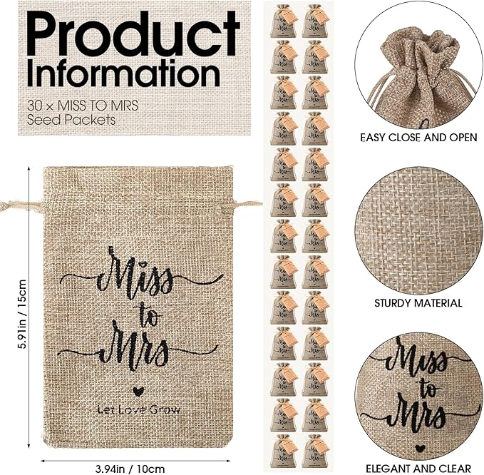 30 Sets Wildflower Seed Packets Bulk Bridal Shower Party Gifts for Guests Prizes Miss to Mrs Burlap Favor Bags Wildflower Seed Packets Party Favors with Thank You Cards Tags Twine, No Seeds
