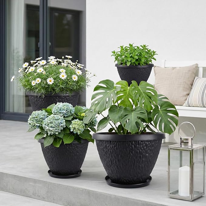 4 Pack 8 inch Plant Pots for Outdoor Indoor, Durable Flower Pots with Drainage, Indoor Outdoor Planters for Herbs Flowers (Black Pebbles Design)