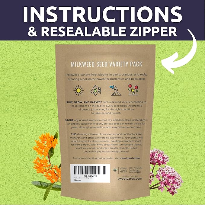 Milkweed Seed Variety Pack | 5 Individual Packs - 2026 Season - Showy, Pink Swamp, Butterfly Orange, Common Pink, Blood Flower | for Planting | by Sweet Yards