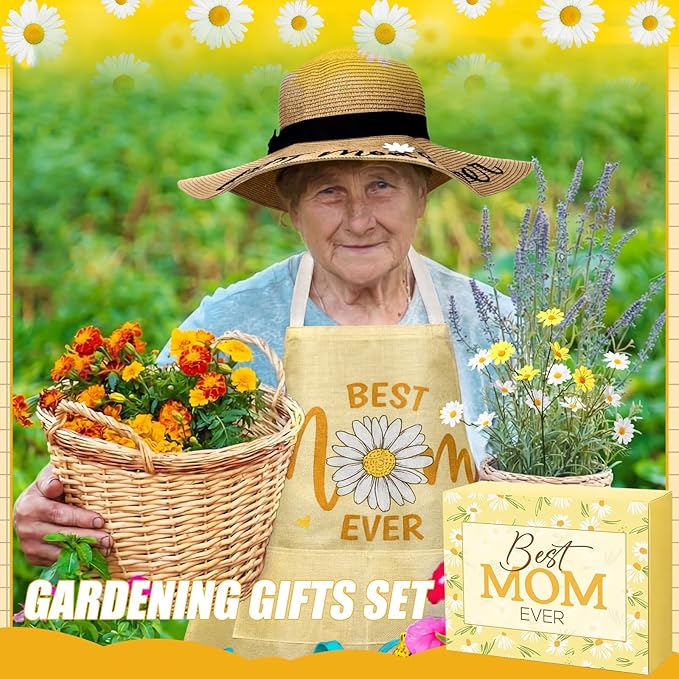 Lasnten 16 Pcs Mothers Day Garden Gift for Mom Women Gardening Supplies Daisy Birthday Garden Tools Set from Daughters Gloves Apron Insulation Cup Fork Trowel Tote Bags for Plant Lover Present