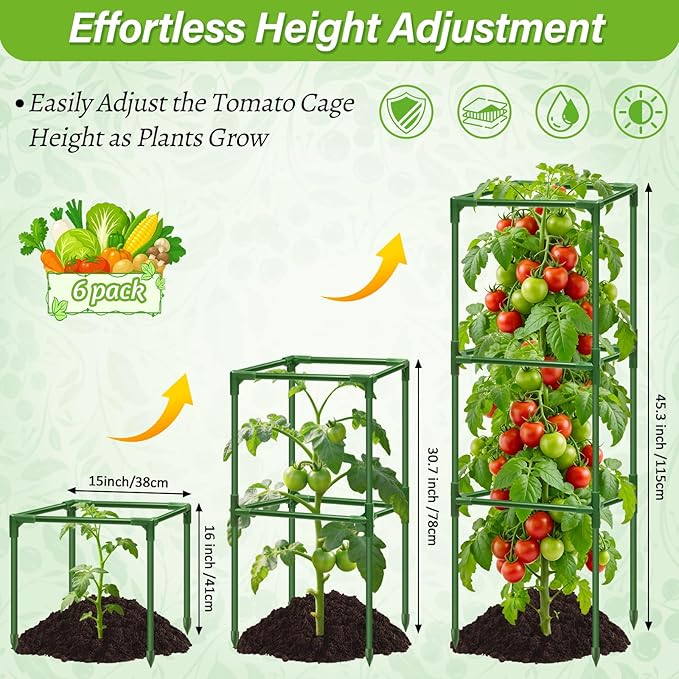 6 Pack Square Tomato Cages for Garden, 45 Inch Adjustable Tomato Stakes, Metal Tomato Trellis, Garden Plant Support for Potted Climbing Plants, Vegetables Flowers Fruits, Raised Garden Bed
