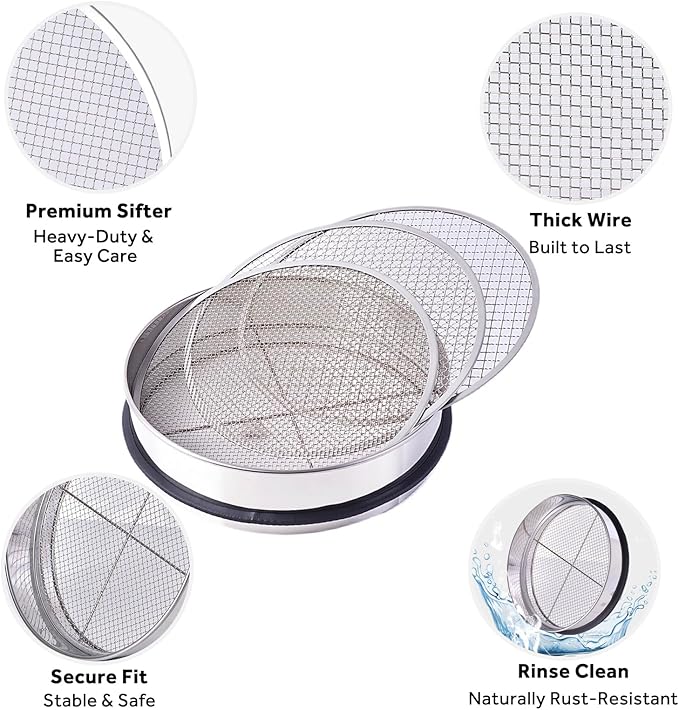 3PCS Thickened Soil Sifter, Dirt Sifter & Rock Sifter Set with 3 Removable Mesh Screens (3mm, 6mm, 9mm) - Reinforced Frame Fits 5 Gallon Bucket