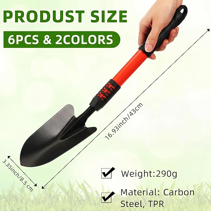 6 Pcs Small Garden Shovel for Digging 16.93'' Long Handle Garden Hand Shovel Metal Hand Trowel Spade for Planting Gardening Farm Lawn Yard Beach Home Shop