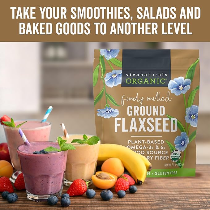 Viva Naturals Organic Ground Flaxseed, 30 oz (850 g) – Plant-Based Protein, Vegan Omega-3 & Fiber, Finely Milled Flax Seeds, Perfect for Smoothies & Baking