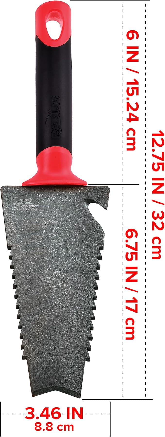 Root Slayer 16011 Garden Trowel with Serrated Blade for Digging and Root Cutting, Heavy Duty Steel Hand Tool, Red