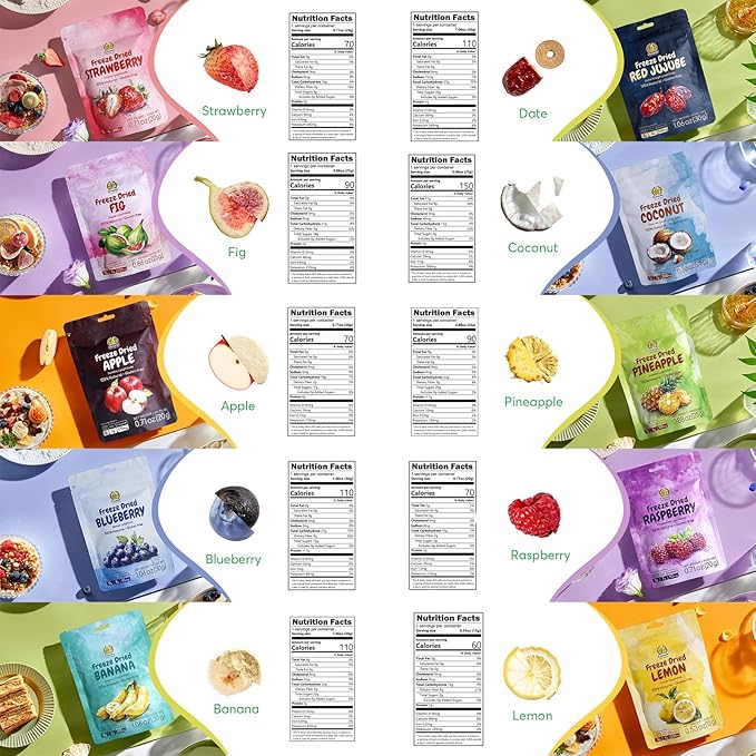 SUNGIVEN Mixed Freeze-Dried Fruit, Variety Pack of 12 Bag, Health Snack, Freeze Dried Apple Banana Strawberry Blueberry Raspberry Coconut Mango Pineapple, No Sugar Added, 10.2 oz