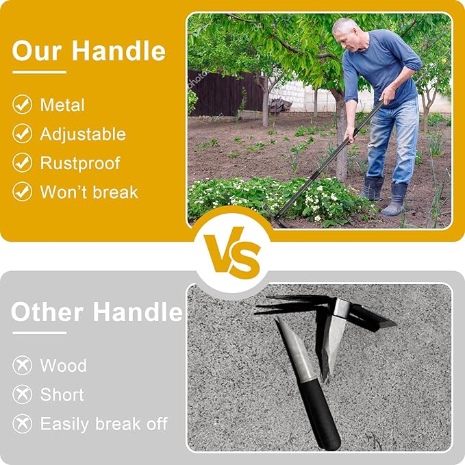 Hoe and Cultivator - 60” Long Handle - Heavy Duty Garden Hoe Tiller, Standing Hoe Garden Tools Durable Cultivator Hoes Hand Rake Fork for Gardening Weeding Planting Loosening Soil