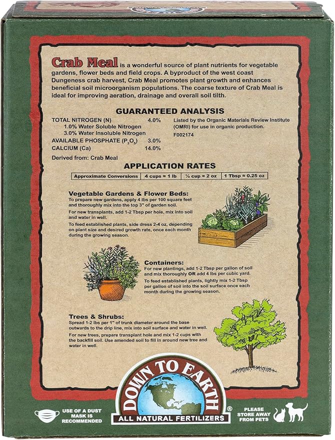 Down To Earth All Natural Fertilizers Organic Crab Meal - Plant Food for Vegetable Gardens and Flower Beds 4-3-0, 4 lb