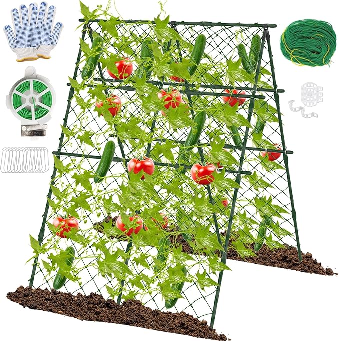 63"H x 47"L Cucumber Trellis for Raised Bed, Adjustable Garden Trellis for Climbing Plants Outdoor with Climbing Net and Plant Support Clip, A-Frame Trellis for Vegetable, Cucumbers, Tomatoes