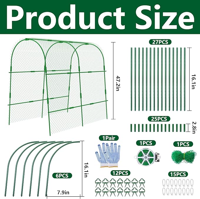 codree Garden Cucumber Trellis for Plant -47x 47 Inch Metal Arch Melon Trellis for Raised Bed -Foldable Tunnel Trellis with Climbing Net Clips for Growing Vine Vegetable