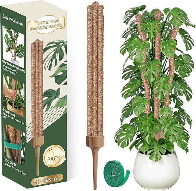 3 Moss Poles in 1, Bendable Monstera Plant Support, 29.9IN Tall Plant Stakes for Indoor Plants, Coir Pole Plant Support for Climbing Plants, Pothos, Philodendron-1 Pack