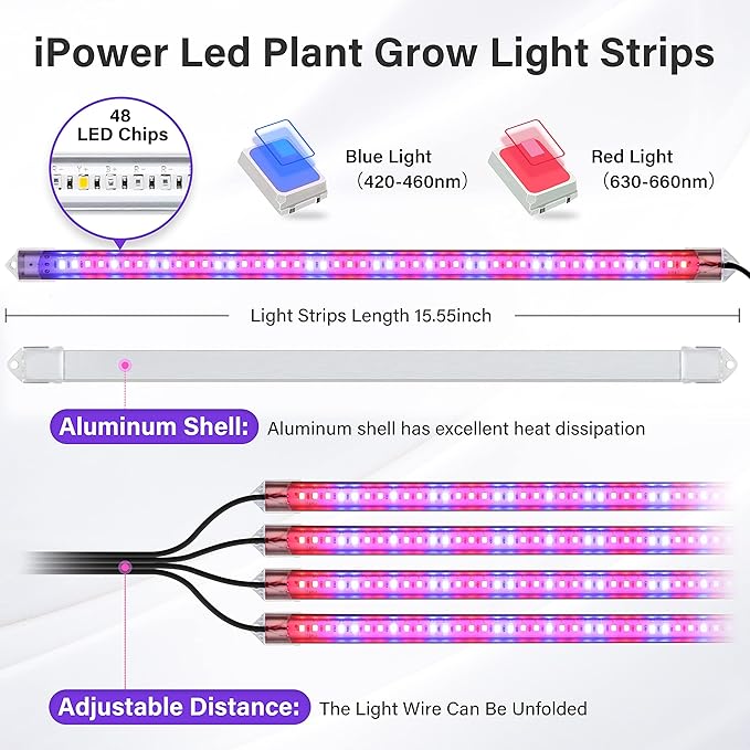 iPower LED Plant Grow Light Strips Full Spectrum with 3 Timing Modes, 10 Dimmable Levels 48 LEDs Per Tubes, Sunlike Grow Lamp for Hydroponics Succulent, 4 Tubes, Red & Blue