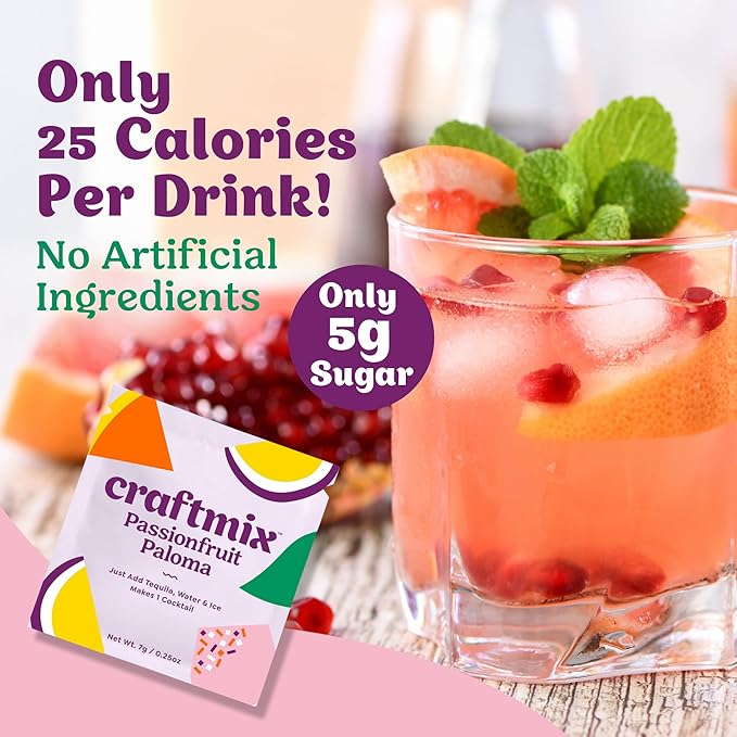 Craftmix Passionfruit Paloma Cocktail & Mocktail Drink Mixer, Skinny Mixes - Water Flavoring Packets - Made With Real Fruit - Vegan, No-Carb, No-Sugar, Non-GMO, Dairy Free, Gluten Free, 24 Pack