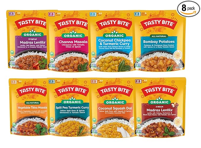 Tasty Bite Variety, Pack of 8, Madras Lentils, Bombay Potatoes, Vegetable Tikka Masala, Channa Masala, 3Bean Madras Lentils, Split Pea & Turmeric Curry, Coconut Squash Dal, Chickpea Coconut and Turmeric Curry