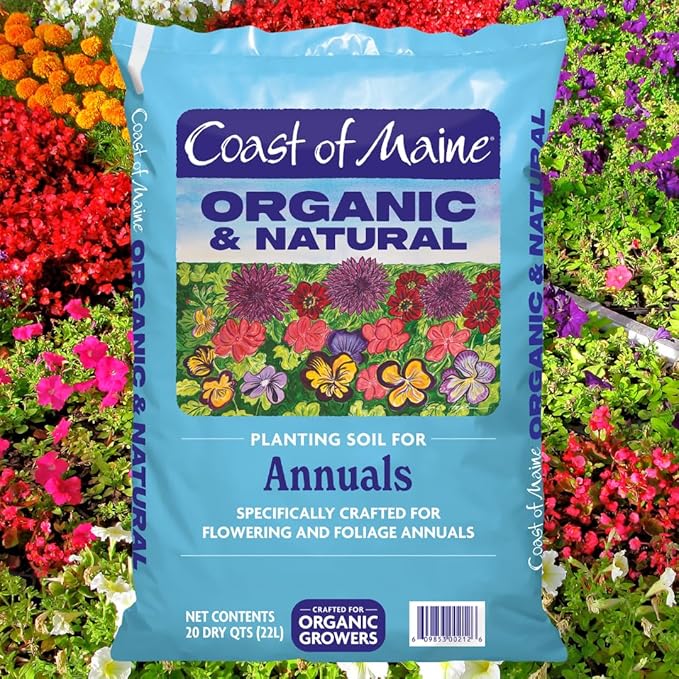 Coast of Maine Organic & Natural Planting Soil for Annuals - Premium Planting Soil w/Composted Manure, Sphagnum Peat Moss for Multi Use In Ground & Containers - Enhanced Drainage (20 Qt)