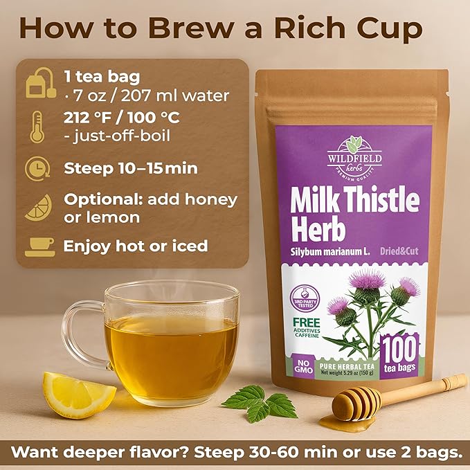 100 Bags Milk Thistle Tea Herb Dried Cardo Mariano Herbal (Silybum Marianum) - 100 Count 1.5g Tea Bags Dry Milk Thistle Herb Cardo De Leche