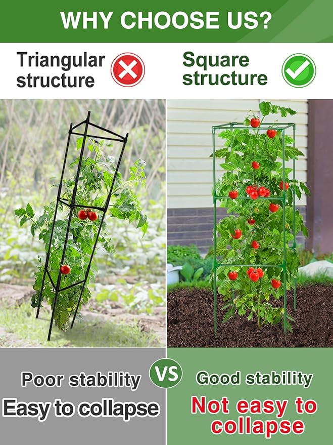 Sturdy Tomato Cage for Garden - 45x14.5x14.5in Easy to Assemble Square Tomato Plant Support Poles, Heavy Duty Metal Plant Tower Stakes Cucumber Trellis for Climbing Vegetable Flowers Fruits, 3 Pack