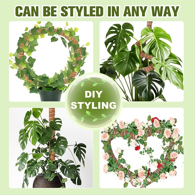 3-Pack 28 Inch Moss Pole for Climbing Plants – Natural Coir Poles with Adjustable Velcro Straps & Hemp Rope, Plant Stakes for Monstera, Pothos & Indoor Houseplants