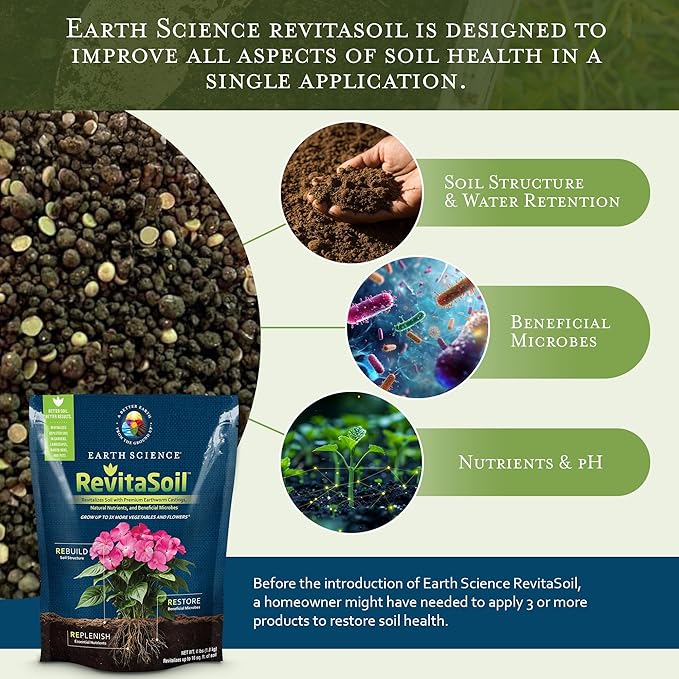 Earth Science RevitaSoil, 4 lb - Organic Soil Revitalizer - Earthworm Castings (Worm Castings) Plus Natural Nutrients & Biology - Grow 3X More, Amendment for Gardens, Potted Plants, Raised Garden Beds