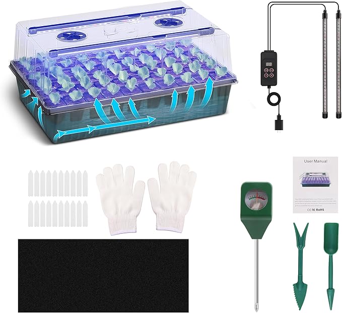 Terronix Indoor Seed Starting Kit with 60-Cell Self-Watering Tray, LED Grow Light, Timer, Humidity Dome, pH Meter for Plant Germination, Vegetables, Herbs, Flowers