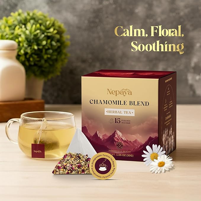 Nepaya Chamomile Herbal Tea – 15 Pyramid Tea Bags, Himalayan Chamomile Flowers & Lemongrass, Biodegradable, Naturally Caffeine-Free Bedtime Tea, Non-GMO, Gluten-Free