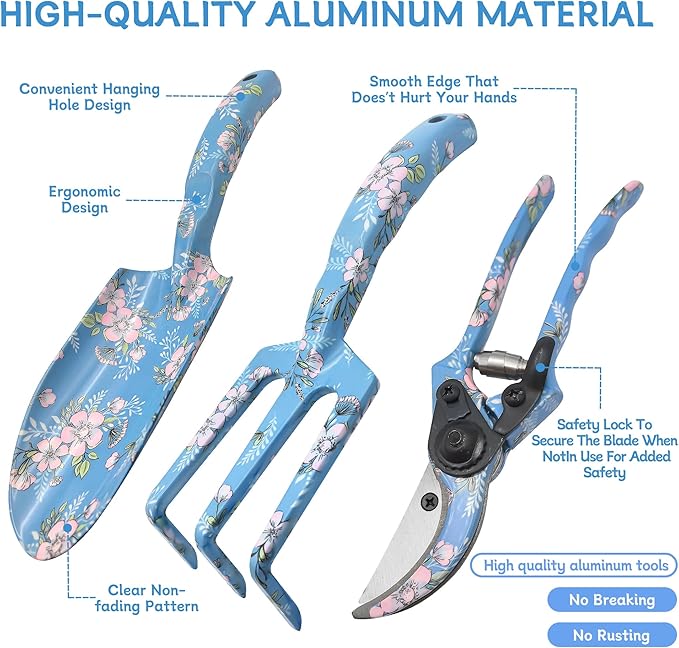 3piece Printed Garden Tool Set, Heavy Duty Aluminum Gardening Tool Kits Including Hand Rake, Pruning Shear and Trowel for Indoor & Outdoor Use, Ergonomic Handle, Perfect Gardening Gift