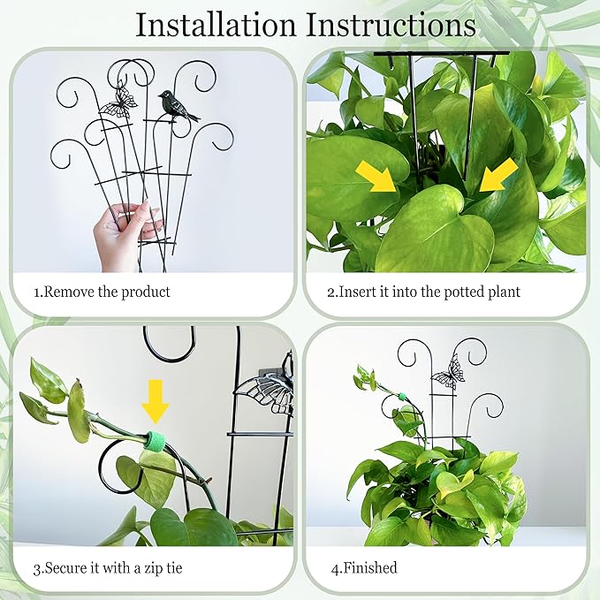 4 Pcs Metal Trellis for Potted Plants Indoor, 14.6 inch Small Garden Trellis with Bird for Climbing Plants Outdoor, Stackable Pothos Plant Climber Support for Hoya Vine Ivy Flower Plant Support