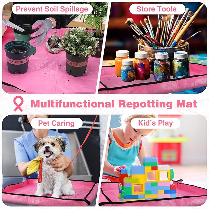 WORKPRO 5PCS Garden Tool Set, Powder Coating Compact Aluminum Gardening Tool Set with Repotting Mat, Outdoor Garden Hand Tools, Ideal Gardening Gift, Pink Ribbon