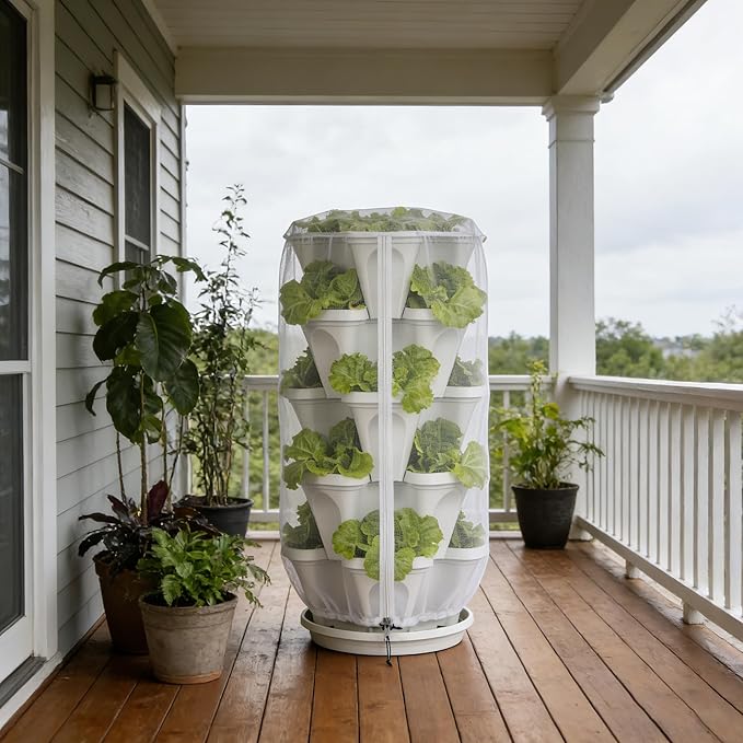 2 Pcs Vertical Plant Pot Insect Netting with Zipper, 39"x20" Stackable Planter Garden Net Cover, 3 to 5 Tier Planter Pot Insect Bird Barrier Protection Mesh for Strawberry Herb Flower Fruit Vegetable