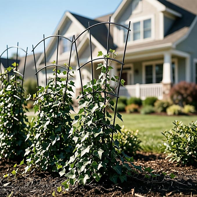 4 Pack 43" Metal Plant Trellis for Pots & Garden Beds, Rustproof Support for Indoor Outdoor Climbing Plants, Vines, Flowers, Fan Shaped, Black