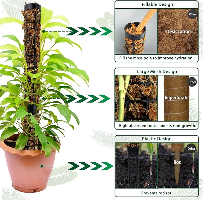 Small Moss Pole for Monstera - Stackable & Refillable Plastic Moss Poles for Climbing Plants with Large Mesh Design (4Pack-Black-Small)