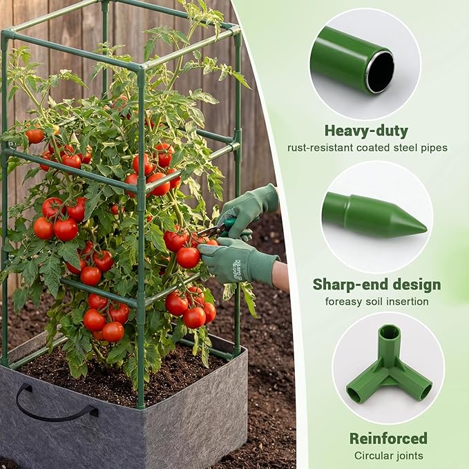 3 Pack Tomato Cages with Grow Bags, 59 Inch Adjustable Square Plant Support Trellis, Steel Core Plastic Coated Tomato Plant Stakes for Garden Vegetables, Cucumbers, Peppers