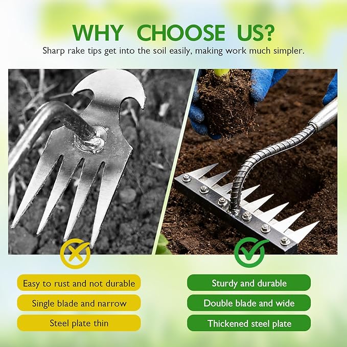 Iron Weeding Rake 2.0, 8 Teeth Carbon Steel Garden Weeding Rakes, Heavy-Duty Iron Rake for Gardening and Weeding