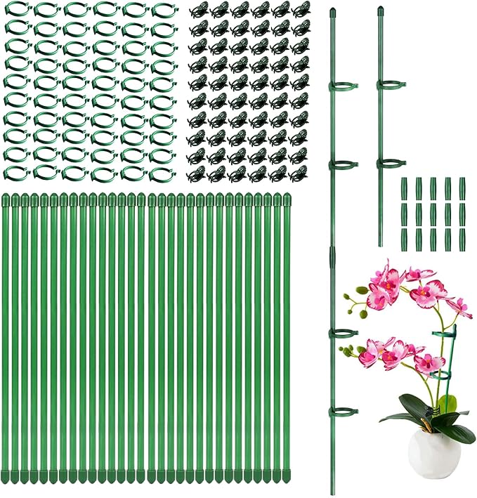 165Pcs Adjustable Plant Stakes, 30Sets Garden Plant Support Sticks, 30Pcs Fiberglass Plant Pole Stand, 60Pcs Rings, 60Pcs Clips, 15Pcs Connectors for Potted Plant Flower Tomato Orchid Vegetable