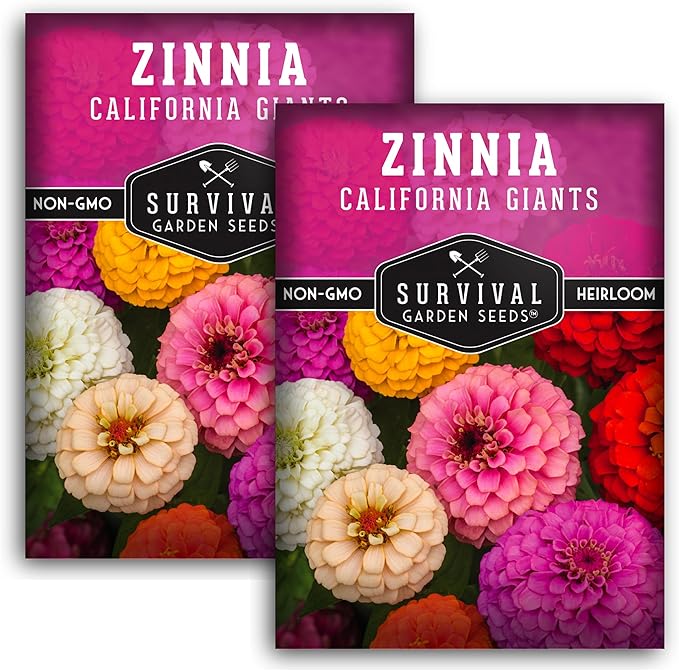 California Giants Zinnia Seeds – Large 4–6″ Cut & Come Again Blooms, Pollinator Favorite, Easy Annual Garden Flower Mix – Survival Garden Seeds (2 Packs)