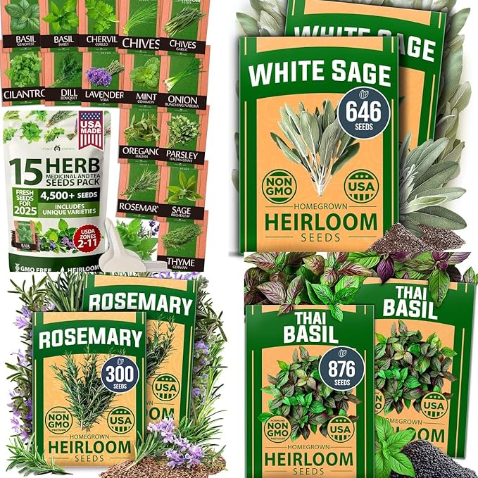 HOME GROWN 4-Pack Herb Seeds Bundle – 15 Culinary Herbs (4,500+), White Sage (646), Rosemary (300), Thai Basil (876) – Non-GMO, USA Heirloom Indoor Outdoor Garden Kit for Growing Fresh Herbs