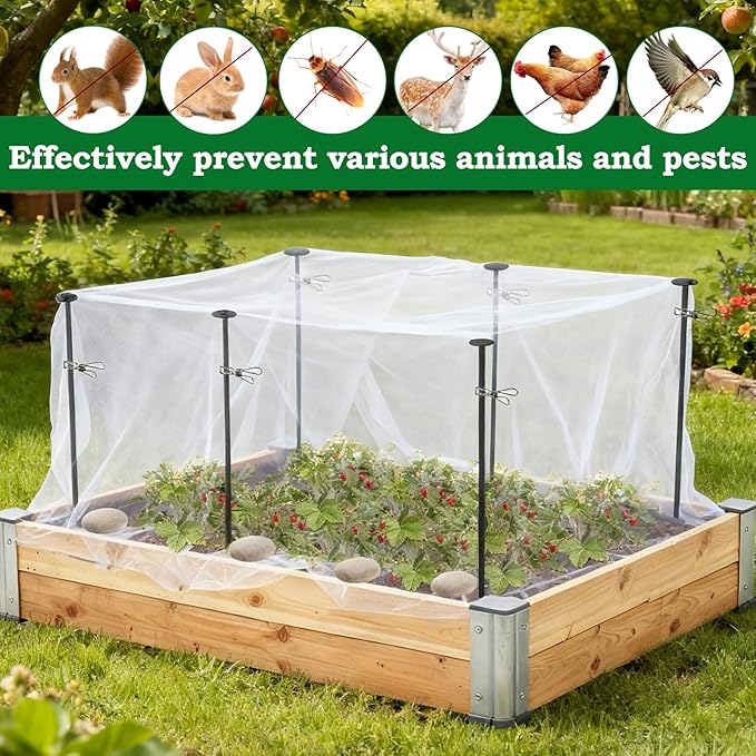 Metal Garden Netting Kit, 6 Pack 2.6ft Raised Garden Bed Net Support Stakes with 10´×13´ Fine Mesh Insect Netting 12pcs Clips Bird Barrier Screen Cover for Protect Plant Vegetable Row from Animals Bug