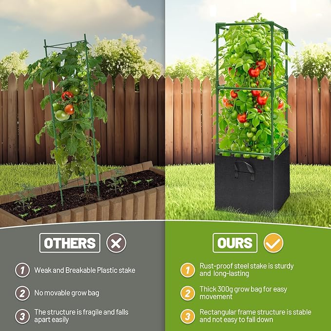 Legigo 4 Pack Tomato Cages with 17 Gallon Grow Bags- 47 Inch Square Tomato Cages for Garden, Heavy-Duty Tomato Stakes Plant Support Cages Trellis for Garden Vertical Climbing Plants Vegetables