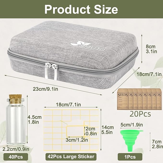 SMUJU 40 Slots Seed Storage Organizer with 20 Seed Envelopes, Sturdy Organizer Storage Box with Label Stickers, Glass Container for Flower Vegetable Garden Seed Saving (Seeds not Included)