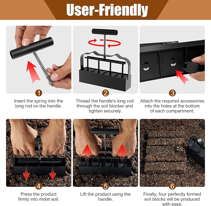 KHAMAL Soil Blocker for Seed Starting 4 Cell - 2 inch Soil Block Maker with Ergonomic Handle & 3 Types of Seed Pins for Garden, Outdoor Plants