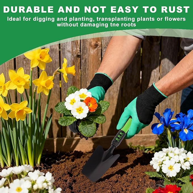 Garden Tool Set, 3 Pack Lightweight Heavy Gardening Kit Including Hand Shovel, Transplant Shovel and Hand Rake with Soft Rubber Non-Slip Handle, for Planting Weeding Digging, Green ﻿