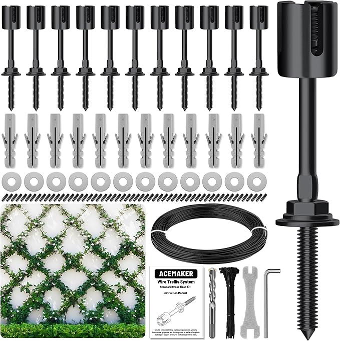 12-Set Black 1/8" Wire Trellis for Climbing Plants Outdoor with 53ft Vinyl Coated Cable, T316 Stainless Steel Wall Wire Trellis Kit