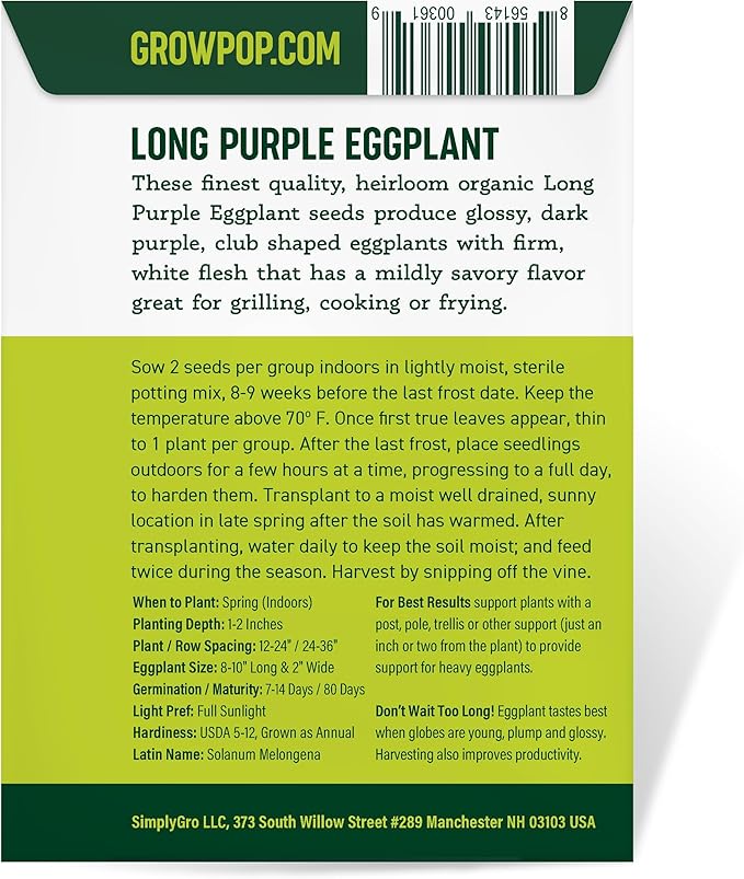 Organic Eggplant Seeds (Long Purple) - Approx 160 Seeds - USDA Organic, Non-GMO, Open Pollinated, Heirloom, USA Origin