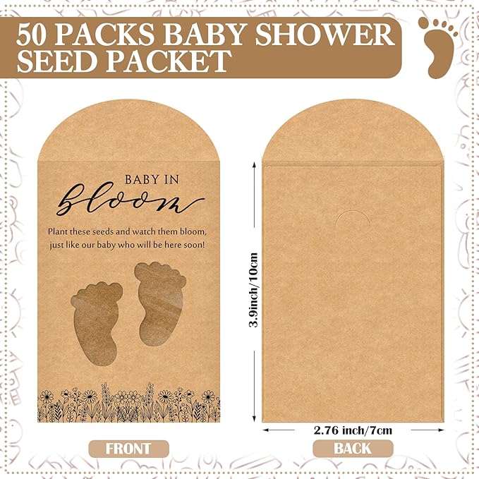 Fumete 50 Pack Baby in Bloom Seed Packets Baby Shower Party Favor for Guest Envelopes Kraft with Clear Window Resealable Seed Organizer Storage Bag for Gender Reveal Party, No Seeds(Footprints)