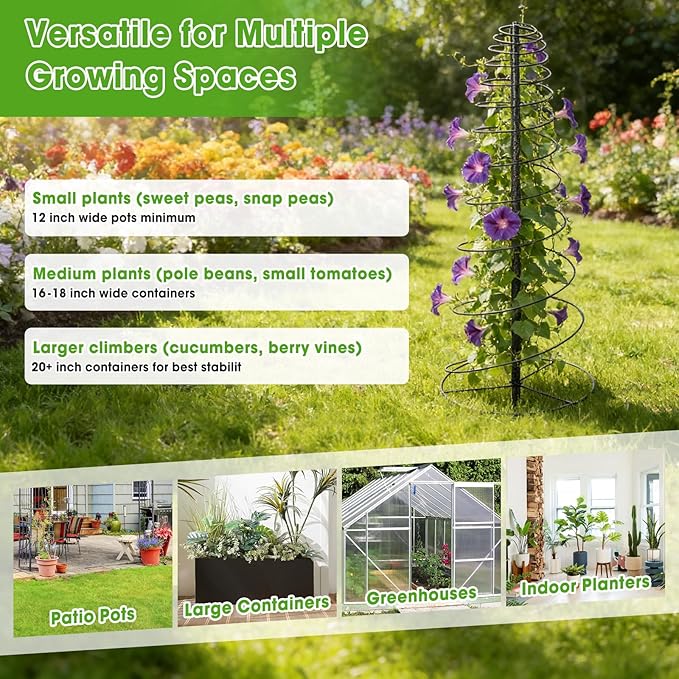 Trellis for Climbing Plants, 45” Metal Spiral Frame Pea Trellis with Center Pole, Adjustable Vine Plant Tower Supports for Outdoor Beans,Cucumbers,Vegetable,Flowers,Pots,Garden Raised Bed,12” Dia