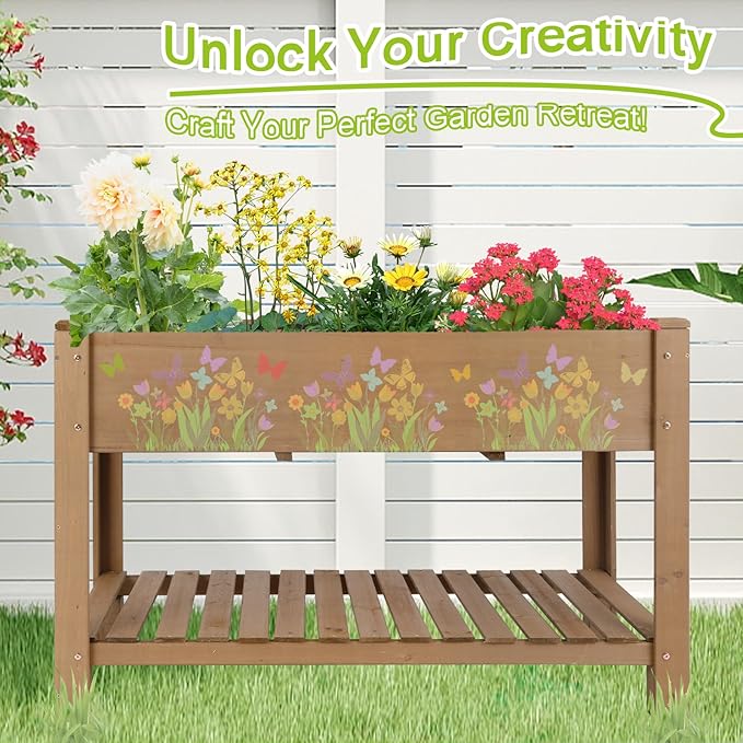ketive Raised Garden Bed with Legs - Elevated Wooden Planter Box, Durable Fir Wood, Reinforced Frame with Drainage Holes, Liner, and Storage Shelf for Vegetables, Herbs, Flowers, 47" x 23" x 30"