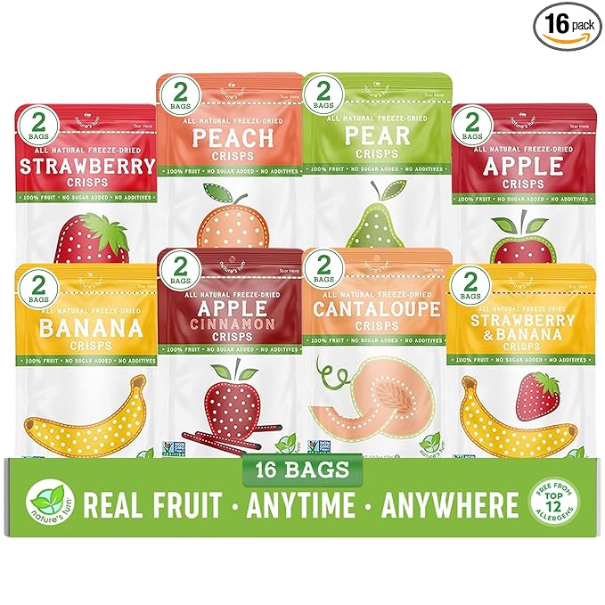 Nature’s Turn Freeze-Dried Fruit Crisps –Healthy, Gluten-Free,Crispy & Delicious, Plant-Based Snack, Ideal for Cereal, Smoothies, School Lunches, & On-the-Go, Mega Variety Bags of 16 (0.53 oz Each)